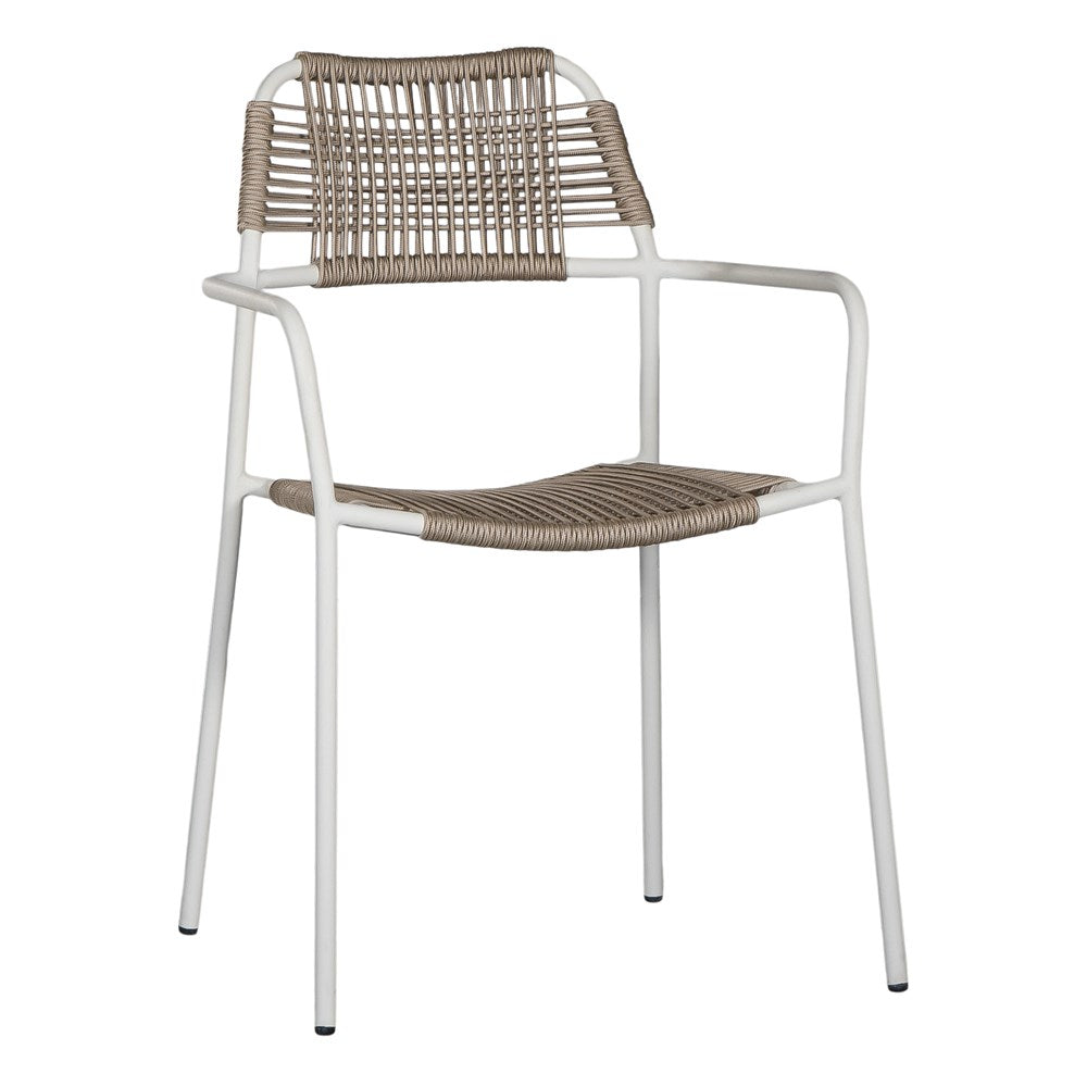 Modern outdoor dining chair featuring a white metal frame with a handwoven beige rope seat and backrest, designed for sleek and contemporary alfresco dining