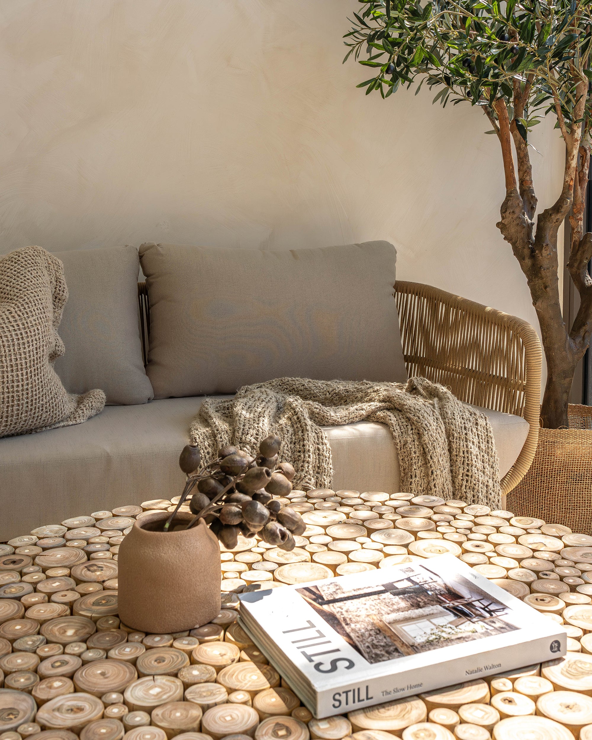 A beautifully styled living space featuring a rattan sofa with taupe cushions, a round natural wood coffee table, and a handwoven throw, complemented by an olive tree in a woven planter.