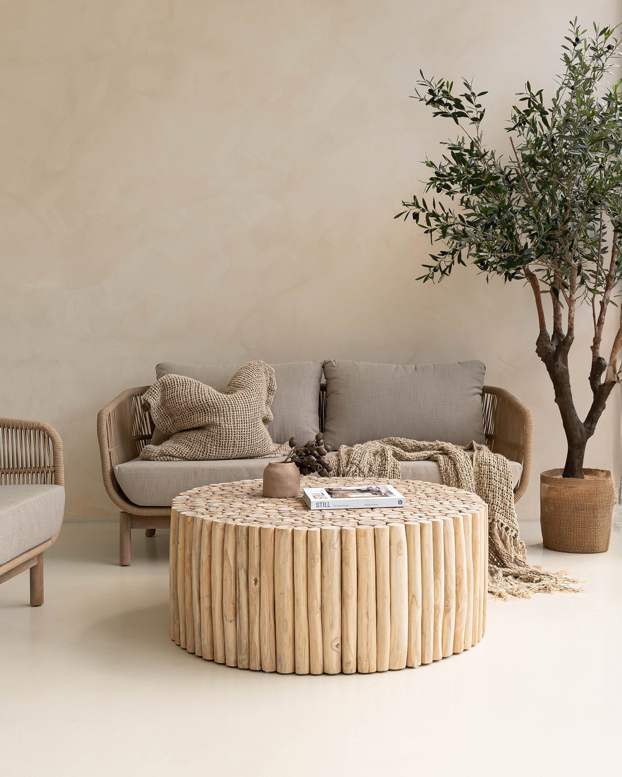 A beautifully styled living space featuring a rattan sofa with taupe cushions, a round natural wood coffee table, and a handwoven throw, complemented by an olive tree in a woven planter.