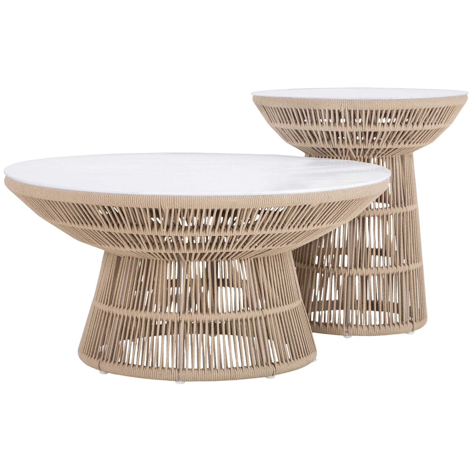 Modern rope-wrapped coffee table with a white tabletop, featuring an open-weave base for a stylish and airy design