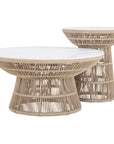 Modern rope-wrapped coffee table with a white tabletop, featuring an open-weave base for a stylish and airy design