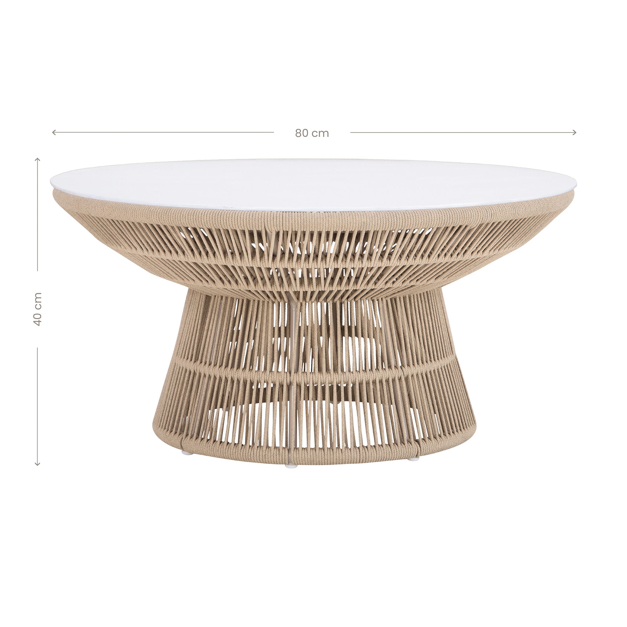 Modern rope-wrapped coffee table with a white tabletop, featuring an open-weave base for a stylish and airy design