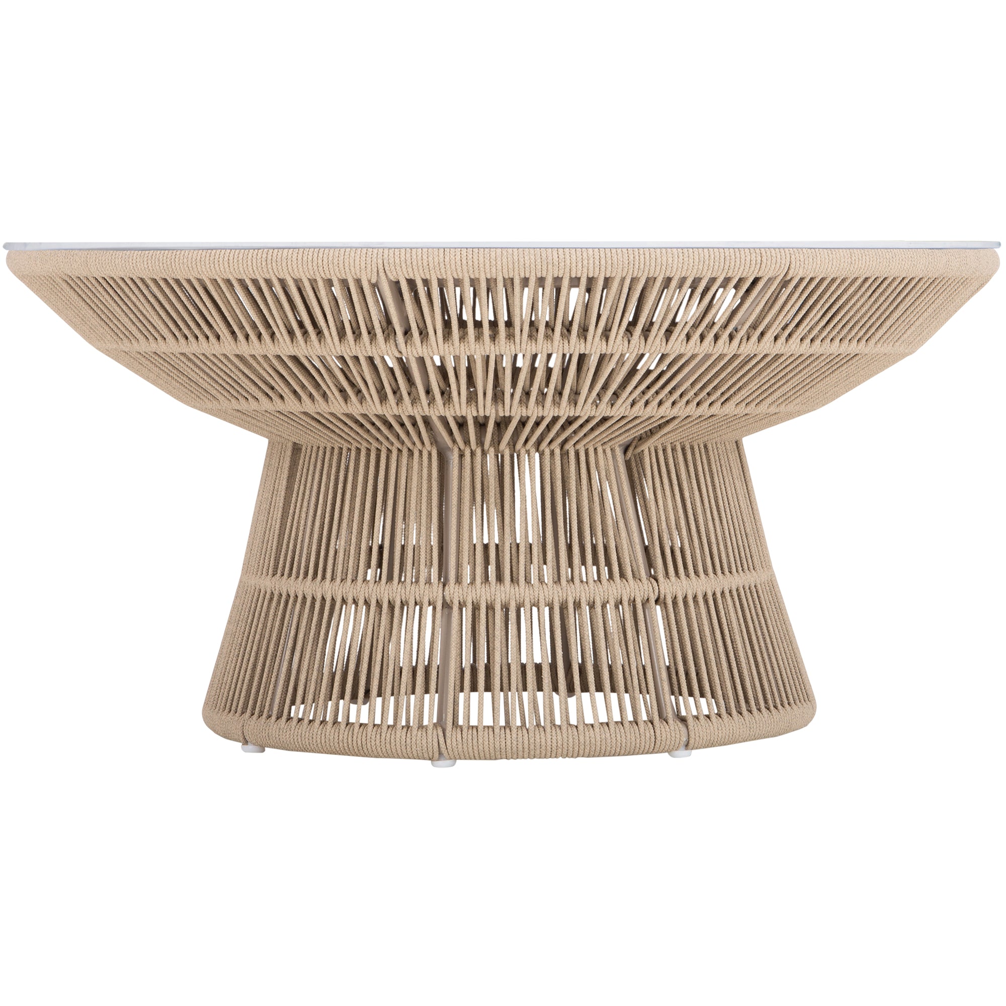 Modern rope-wrapped coffee table with a white tabletop, featuring an open-weave base for a stylish and airy design