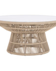 Modern rope-wrapped coffee table with a white tabletop, featuring an open-weave base for a stylish and airy design