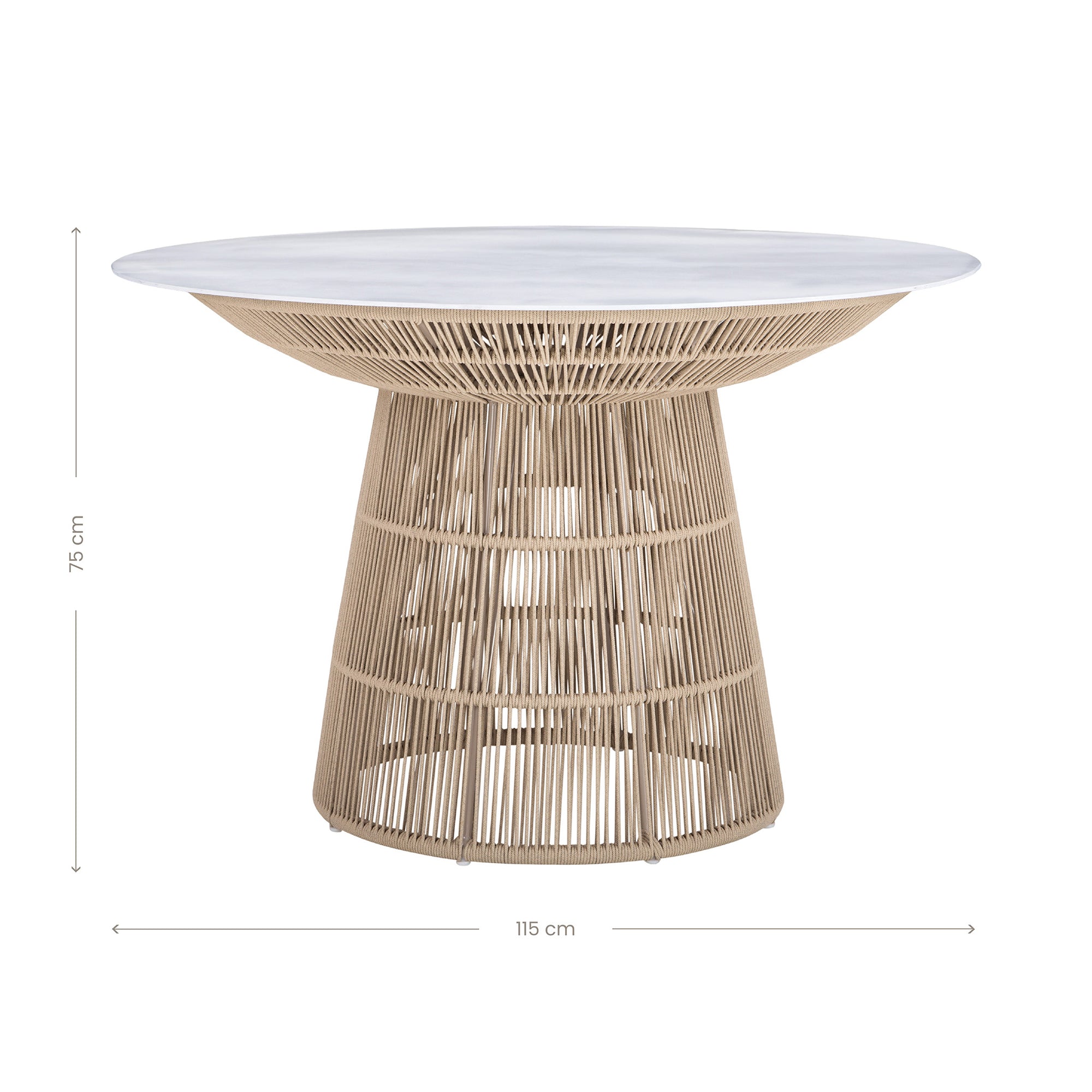 Modern rope-wrapped dining table with a white tabletop, featuring an open-weave base for a stylish and airy design