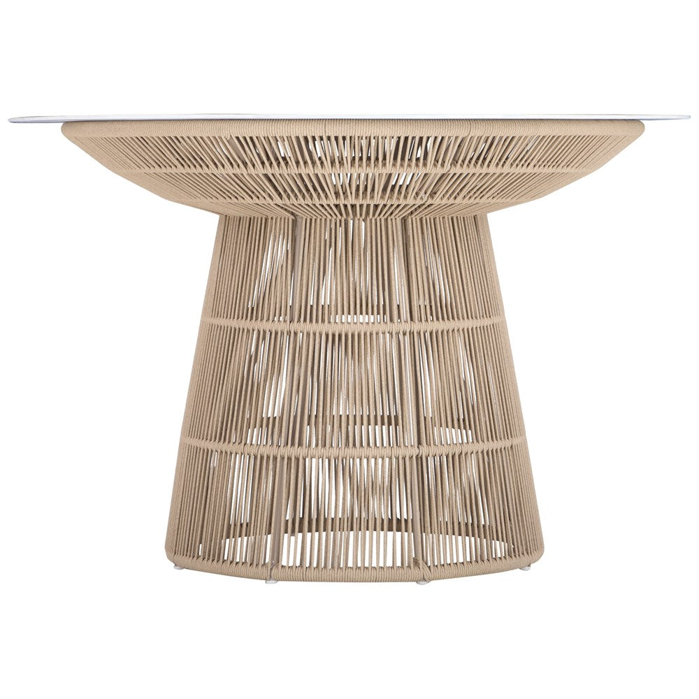 Modern rope-wrapped dining table with a white tabletop, featuring an open-weave base for a stylish and airy design