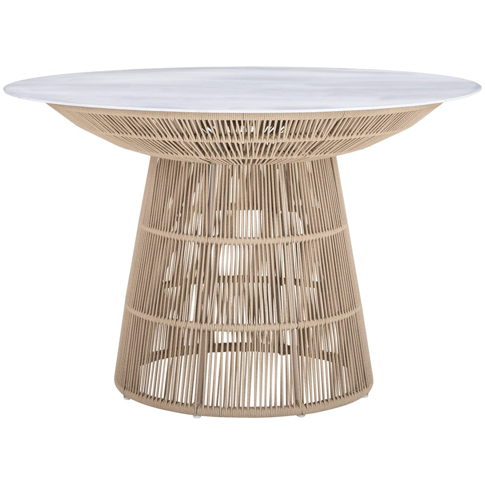 Modern rope-wrapped dining table with a white tabletop, featuring an open-weave base for a stylish and airy design