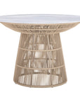 Modern rope-wrapped dining table with a white tabletop, featuring an open-weave base for a stylish and airy design