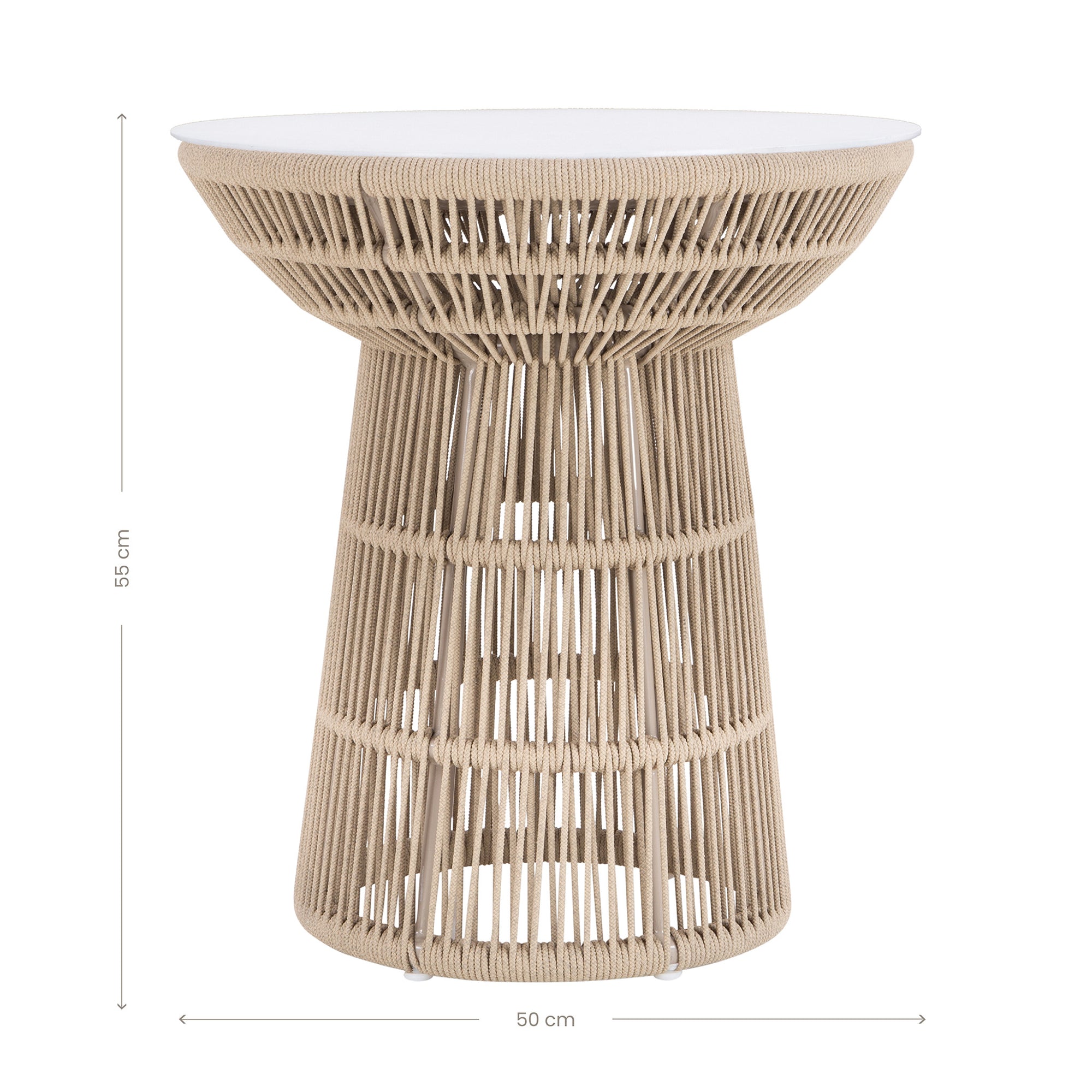 Modern rope-wrapped side table with a white tabletop, featuring an open-weave base for a stylish and airy design