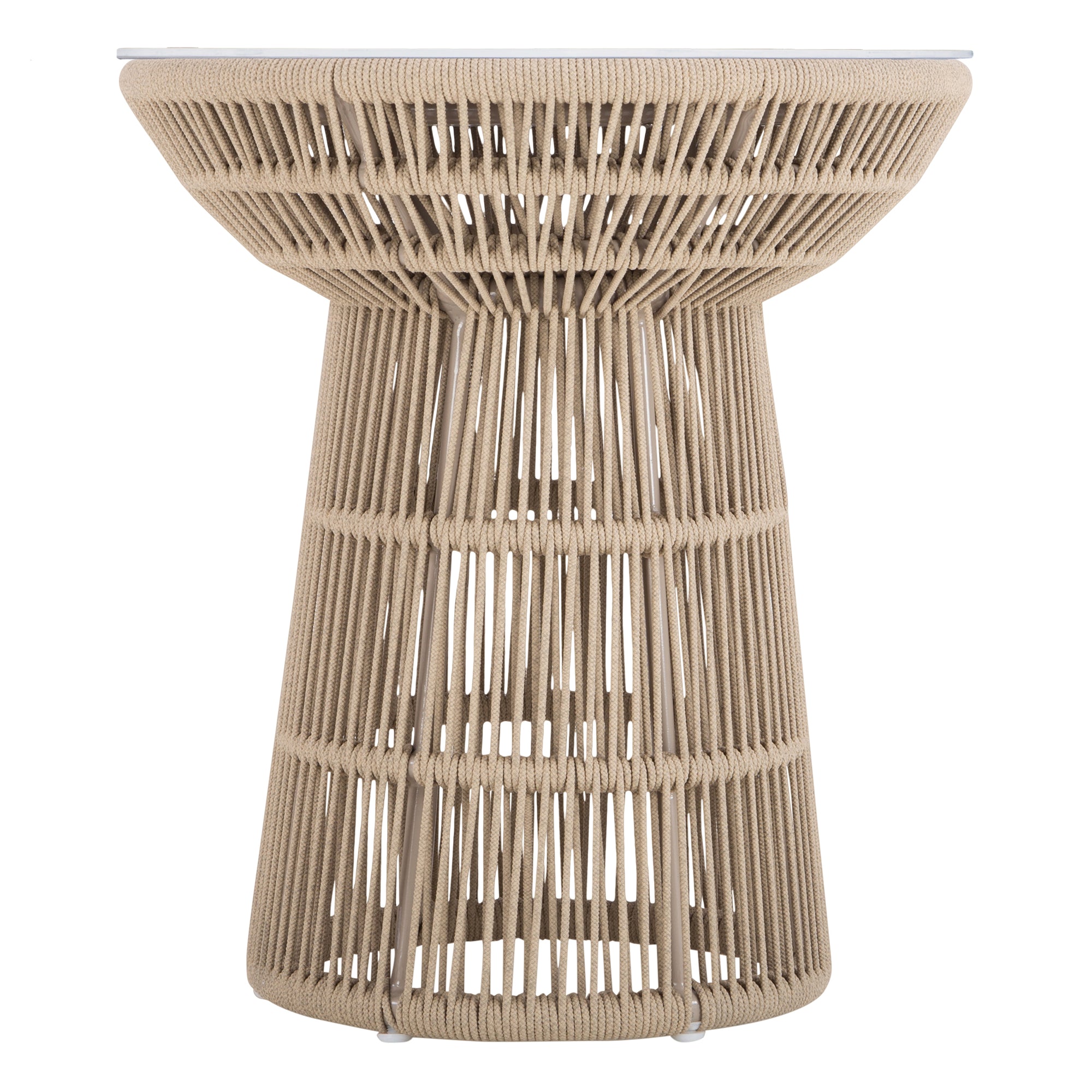 Modern rope-wrapped side table with a white tabletop, featuring an open-weave base for a stylish and airy design