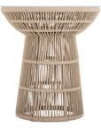 Modern rope-wrapped side table with a white tabletop, featuring an open-weave base for a stylish and airy design