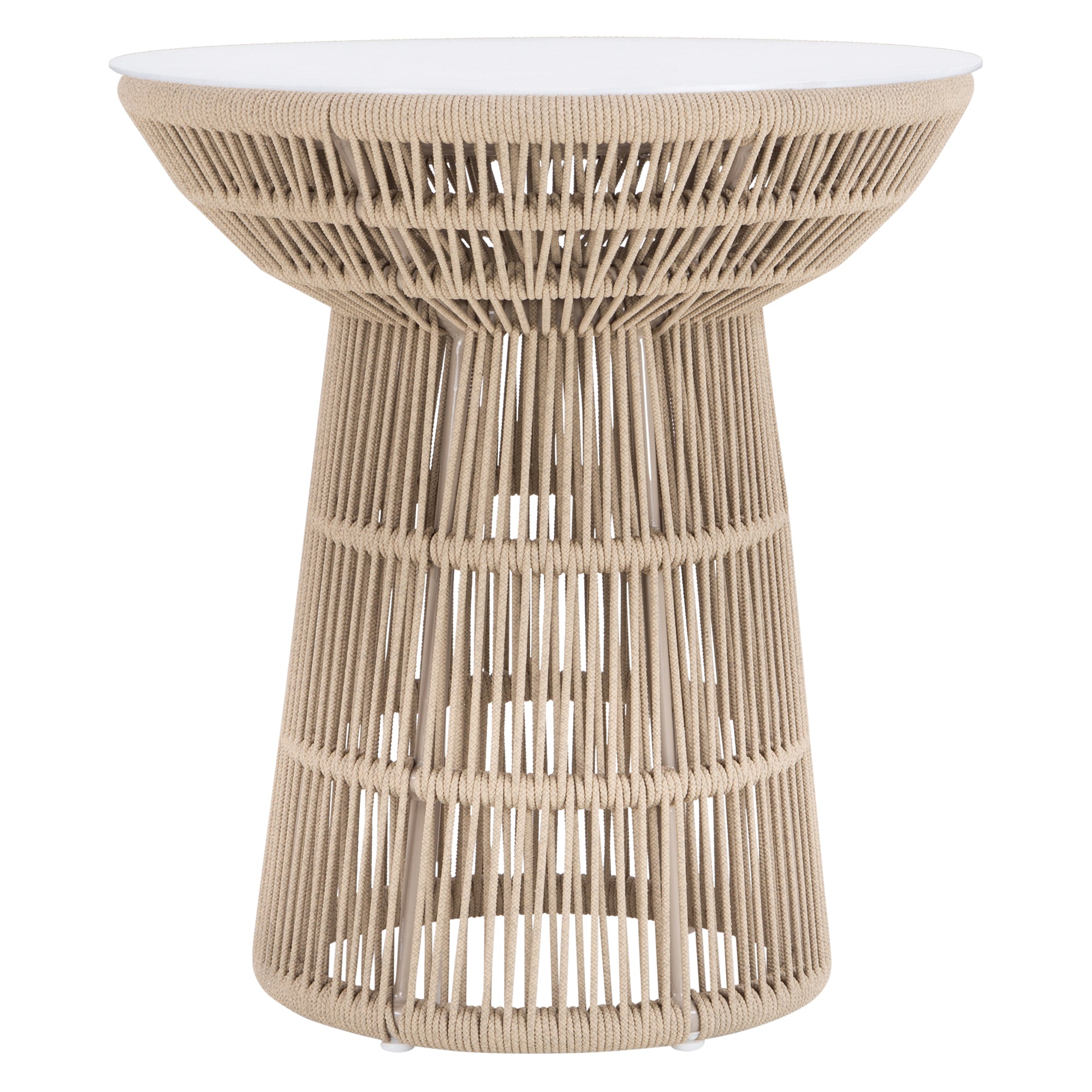 Modern rope-wrapped side table with a white tabletop, featuring an open-weave base for a stylish and airy design