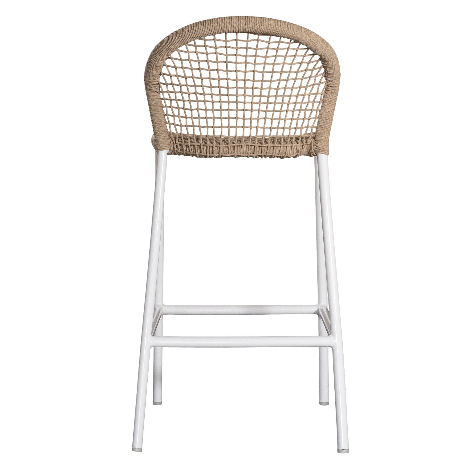 KULALA Living rope-woven bar stool with a curved backrest and a sleek white metal frame, designed for stylish and comfortable seating