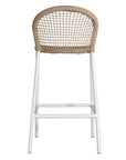 KULALA Living rope-woven bar stool with a curved backrest and a sleek white metal frame, designed for stylish and comfortable seating