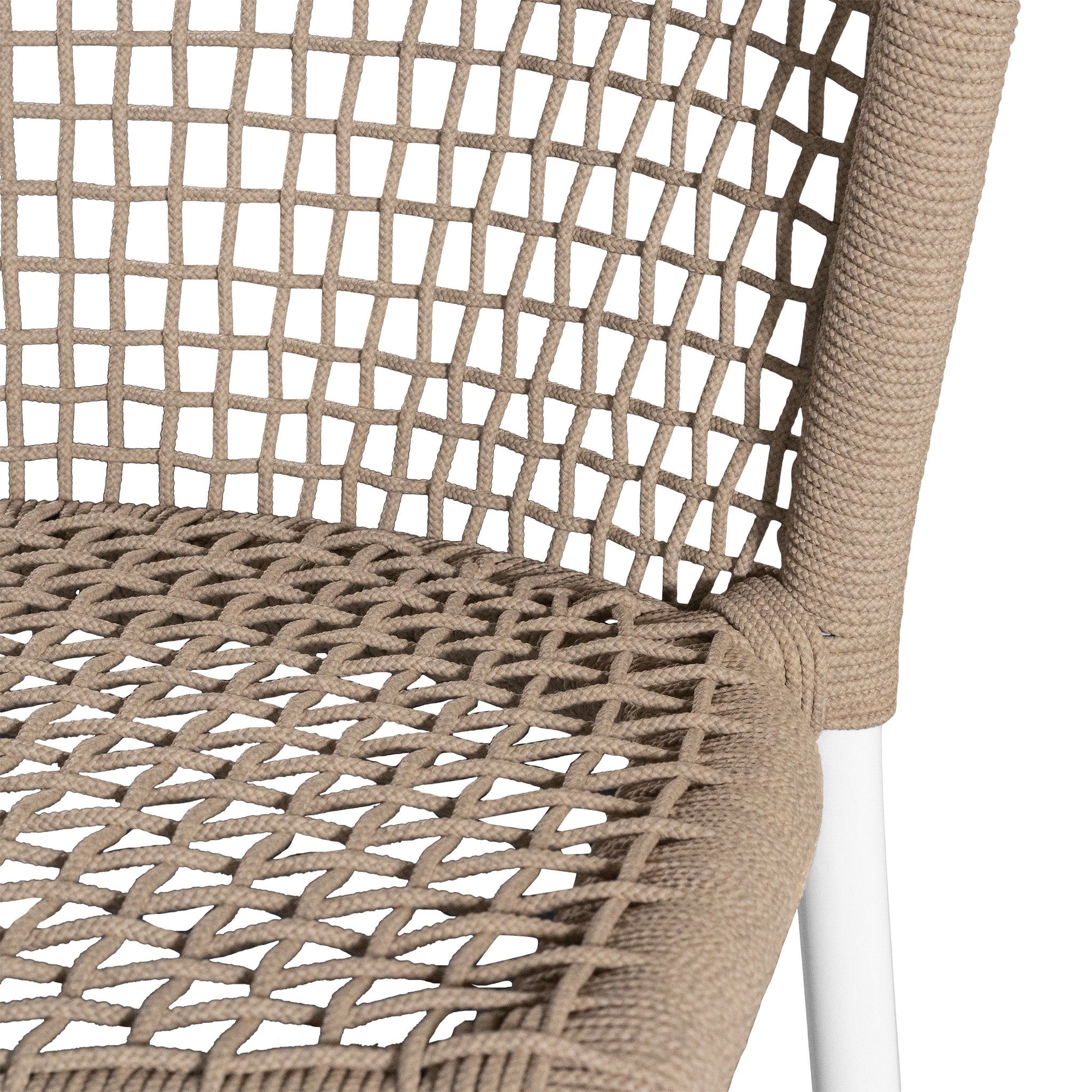 KULALA Living rope-woven bar stool with a curved backrest and a sleek white metal frame, designed for stylish and comfortable seating