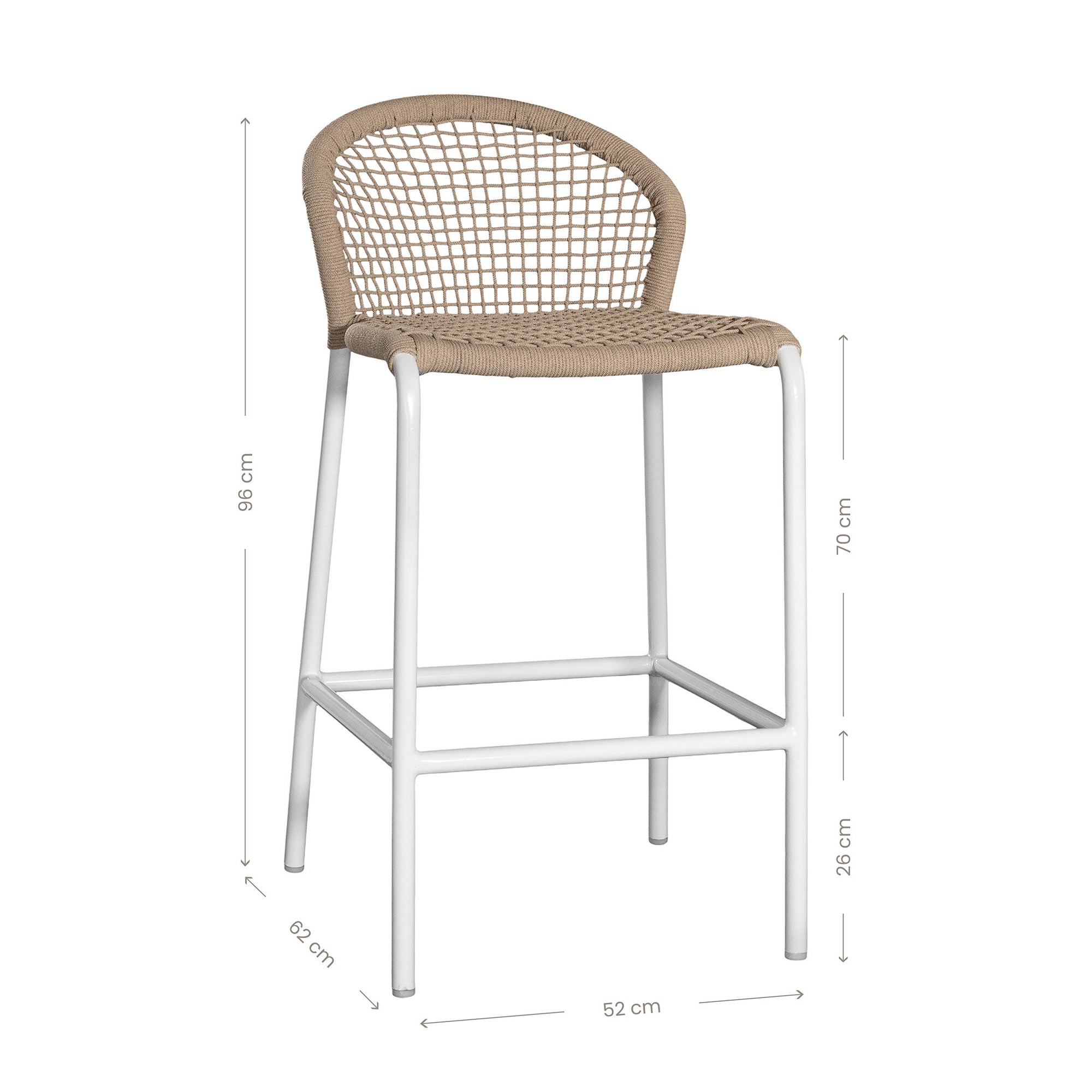 KULALA Living rope-woven bar stool with a curved backrest and a sleek white metal frame, designed for stylish and comfortable seating