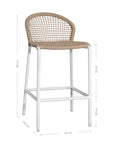 KULALA Living rope-woven bar stool with a curved backrest and a sleek white metal frame, designed for stylish and comfortable seating