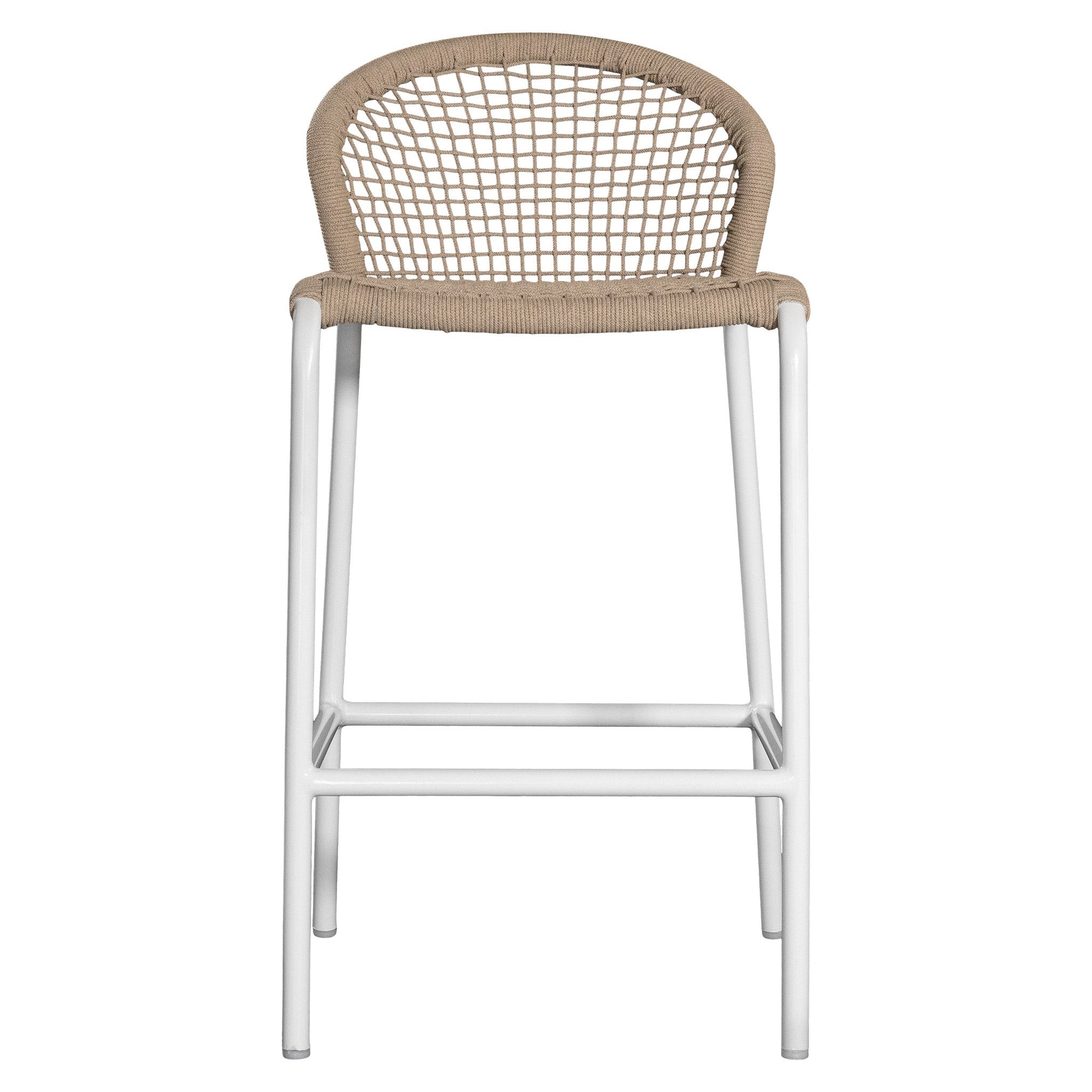 KULALA Living rope-woven bar stool with a curved backrest and a sleek white metal frame, designed for stylish and comfortable seating