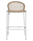 KULALA Living rope-woven bar stool with a curved backrest and a sleek white metal frame, designed for stylish and comfortable seating