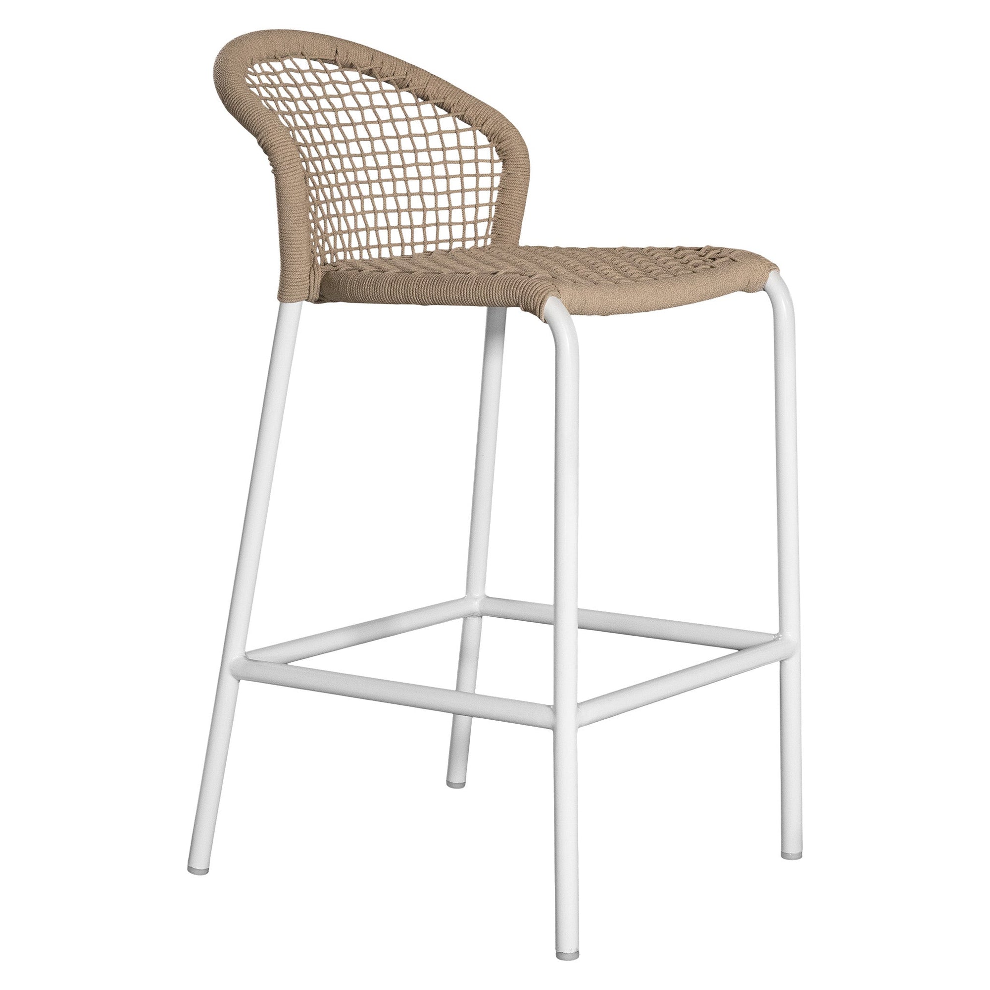 KULALA Living rope-woven bar stool with a curved backrest and a sleek white metal frame, designed for stylish and comfortable seating