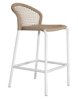 KULALA Living rope-woven bar stool with a curved backrest and a sleek white metal frame, designed for stylish and comfortable seating