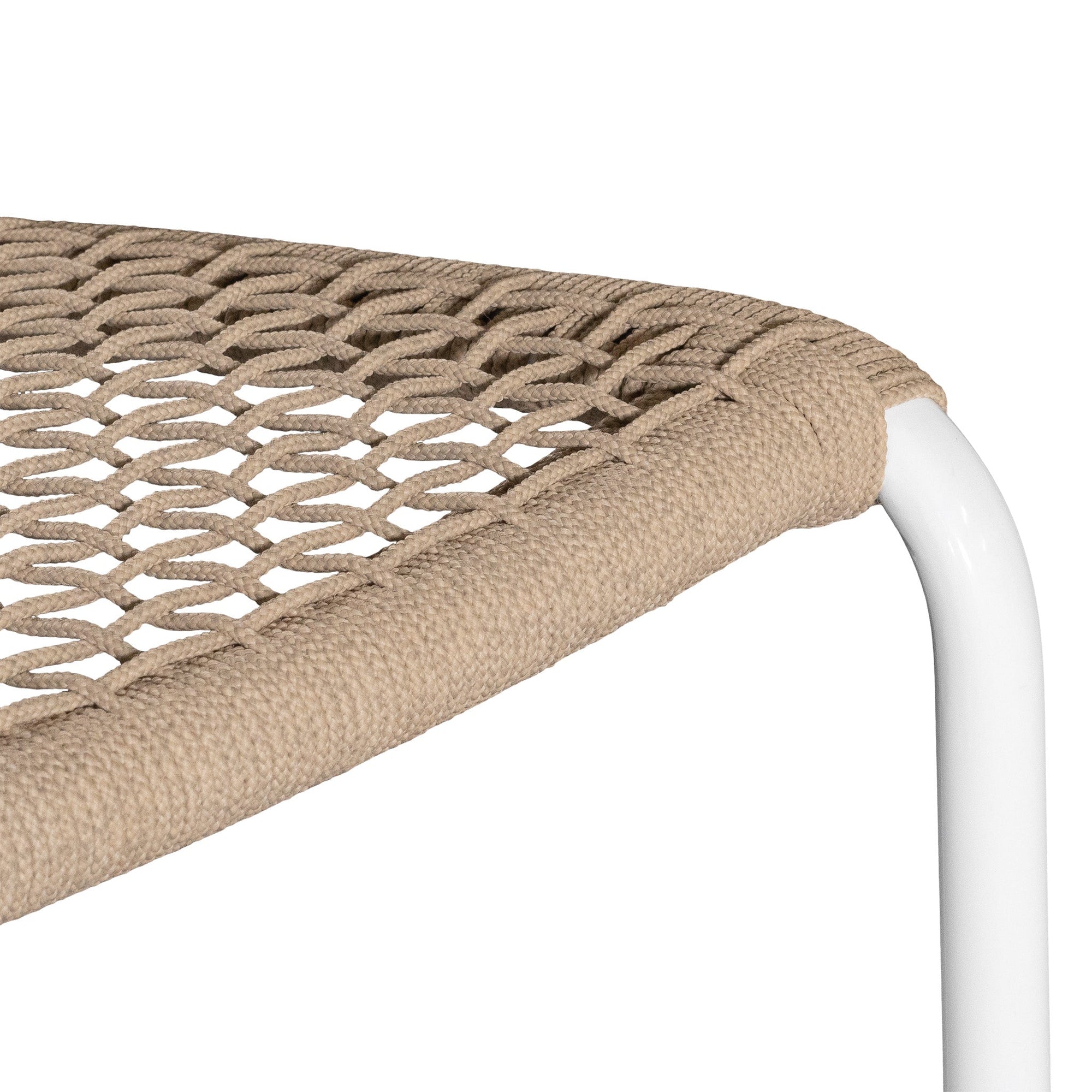 KULALA Living rope-woven bar stool with a curved backrest and a sleek white metal frame, designed for stylish and comfortable seating