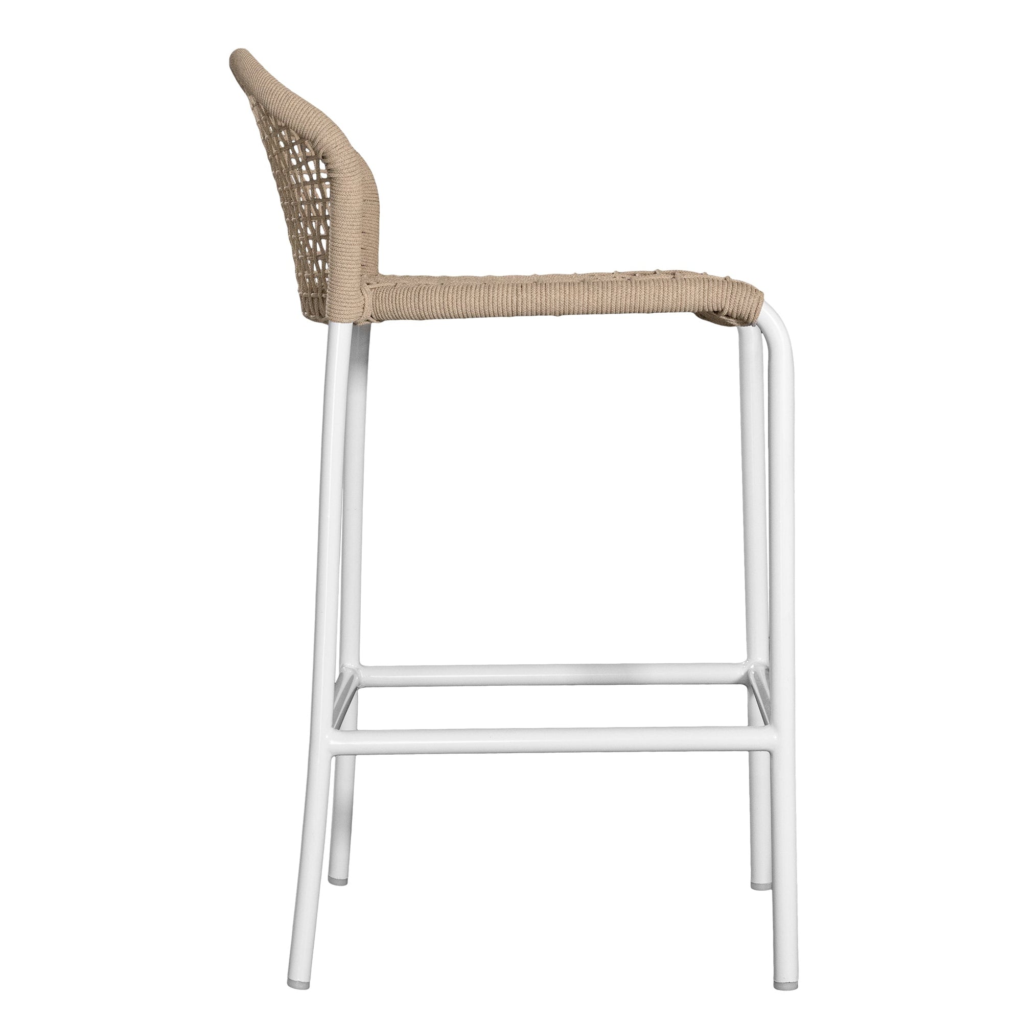 KULALA Living rope-woven bar stool with a curved backrest and a sleek white metal frame, designed for stylish and comfortable seating