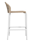 KULALA Living rope-woven bar stool with a curved backrest and a sleek white metal frame, designed for stylish and comfortable seating