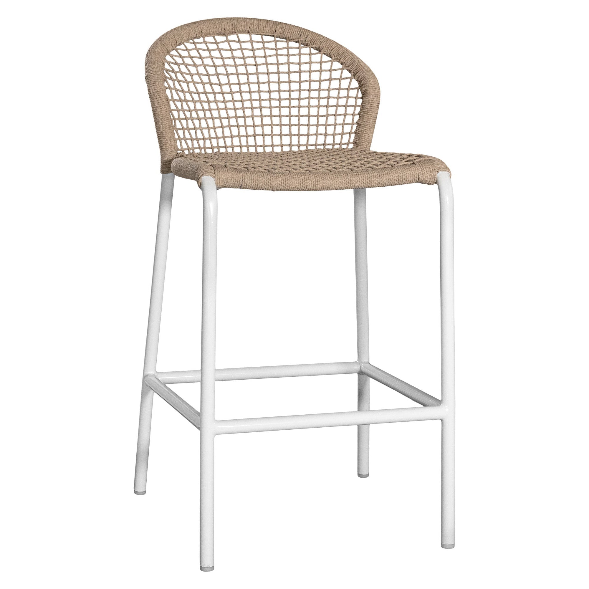 KULALA Living rope-woven bar stool with a curved backrest and a sleek white metal frame, designed for stylish and comfortable seating