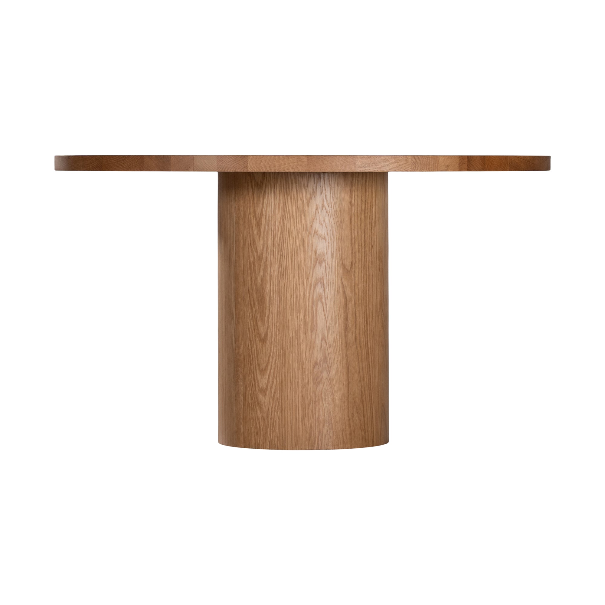 Contemporary round oak pedestal dining table featuring a sleek, minimalist design with a solid cylindrical base and smooth tabletop