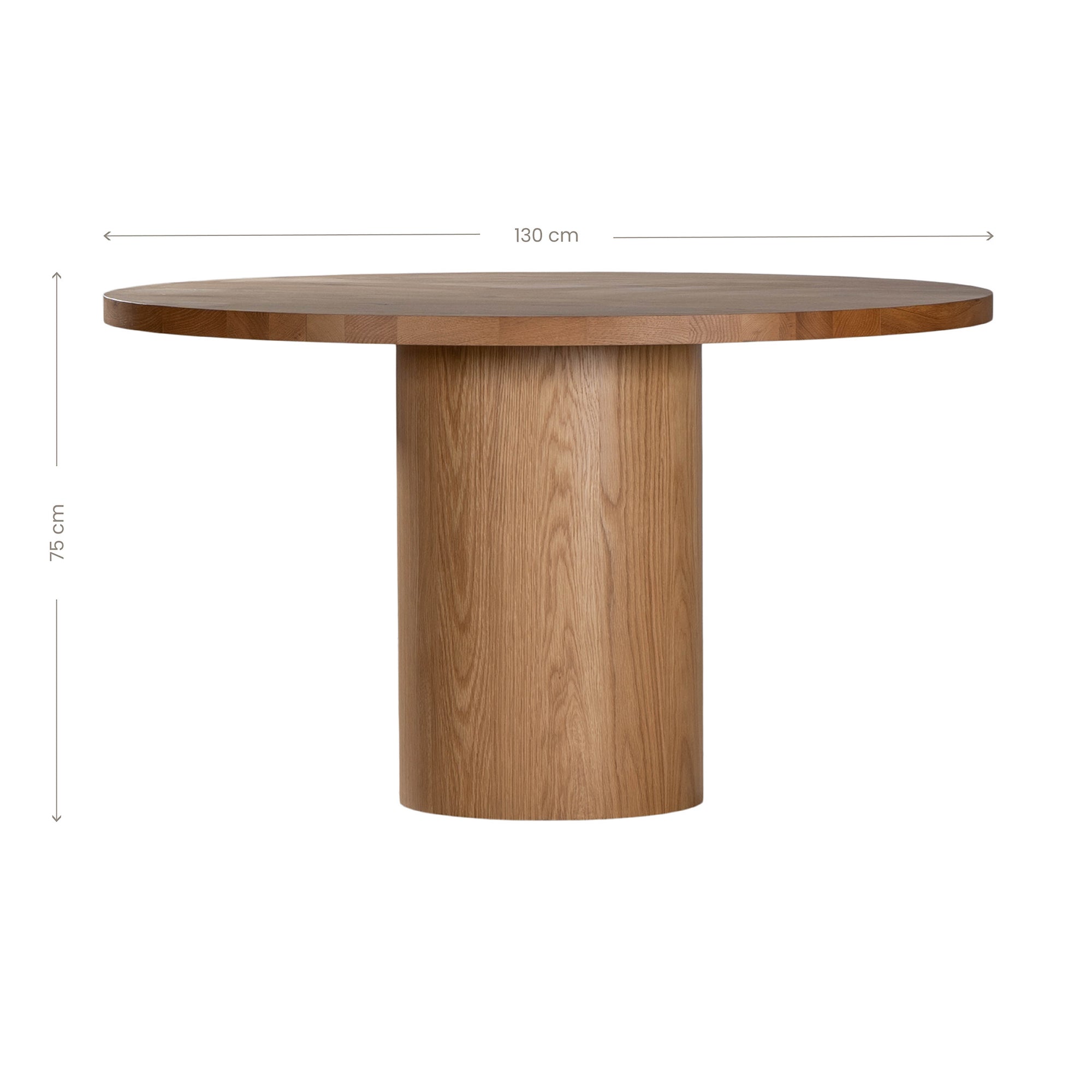 Contemporary round oak pedestal dining table featuring a sleek, minimalist design with a solid cylindrical base and smooth tabletop