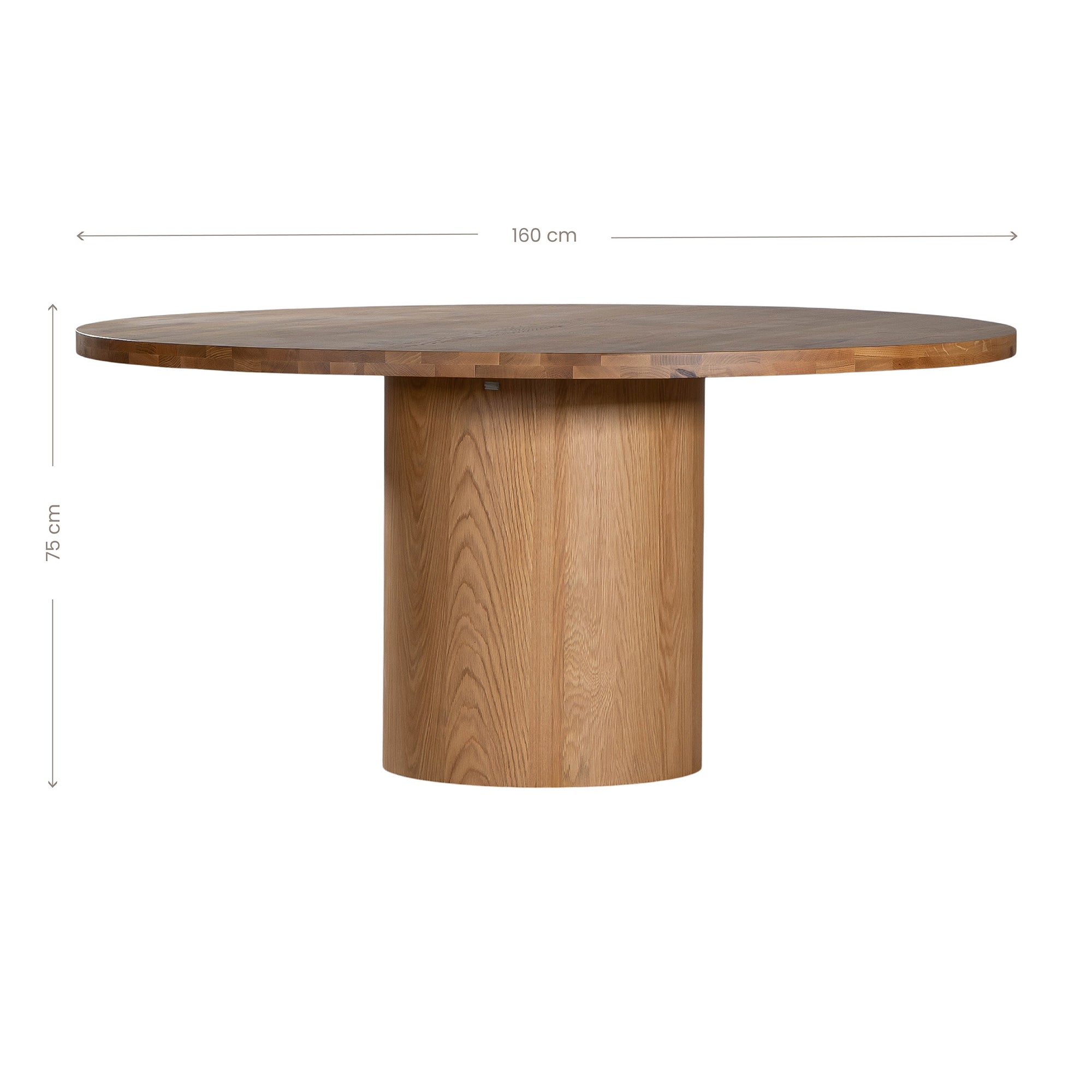 Contemporary round oak pedestal dining table featuring a sleek, minimalist design with a solid cylindrical base and smooth tabletop