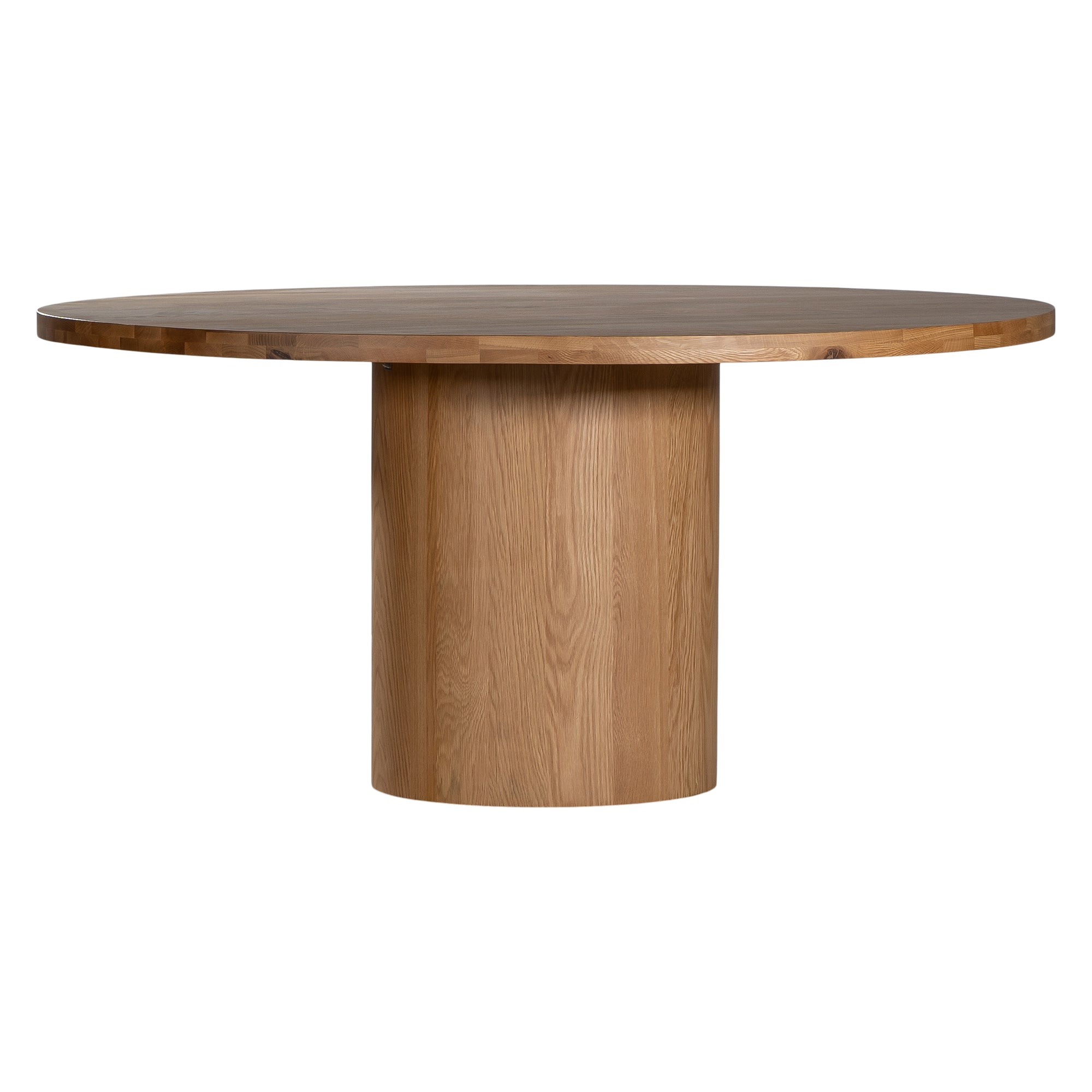 Contemporary round oak pedestal dining table featuring a sleek, minimalist design with a solid cylindrical base and smooth tabletop