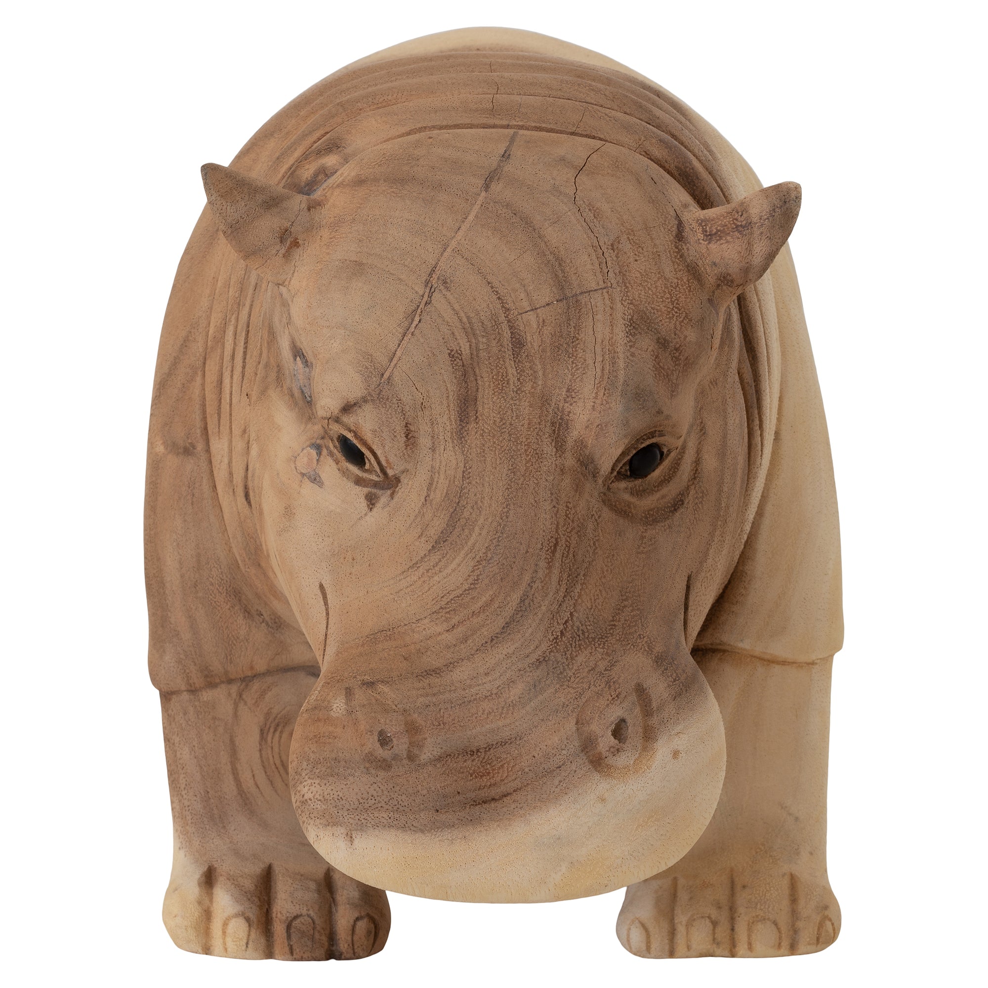 A beautifully handcrafted wooden hippo sculpture, showcasing natural wood grain and smooth detailing. A unique decorative piece for adding organic charm to any space