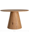 A beautifully crafted round dining table made from solid oak, featuring a minimalist conical base for a timeless and contemporary design