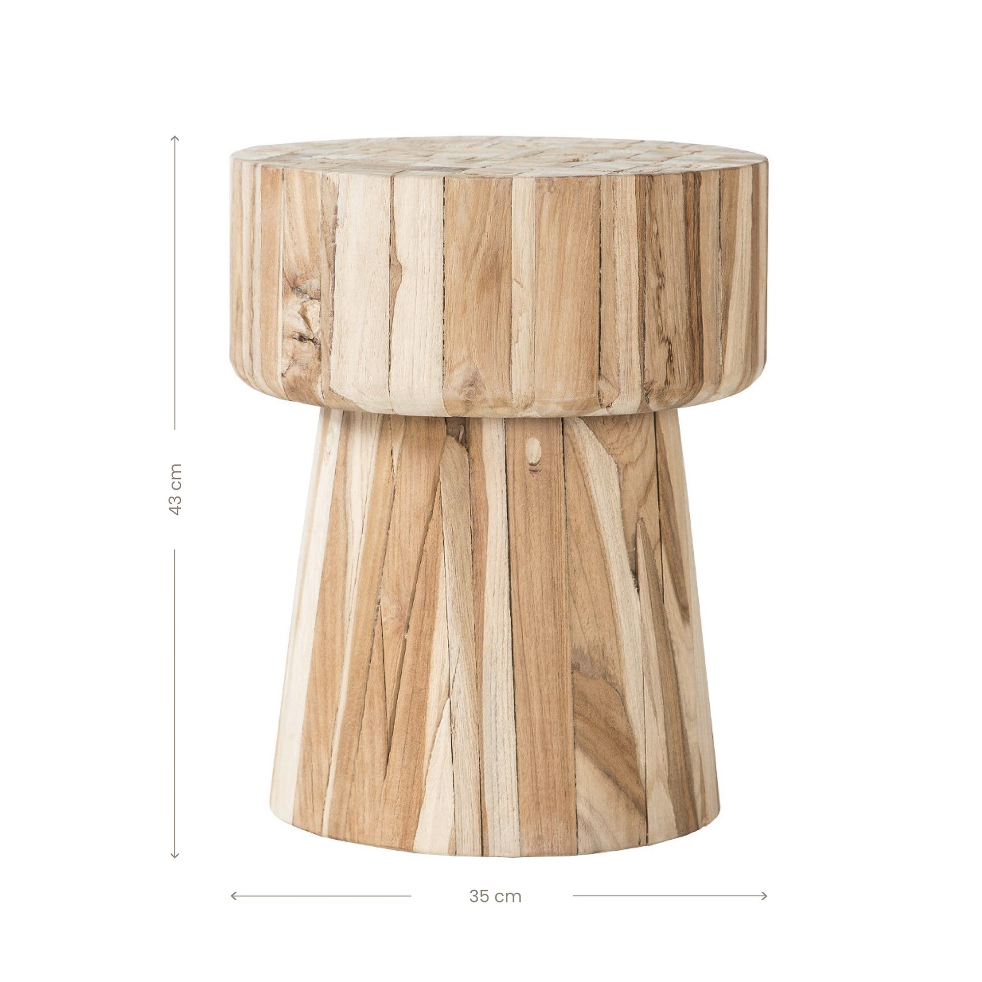 Modern side table crafted from solid teak wood with a natural finish, featuring a sculptural silhouette with a smooth, rounded top and tapered base