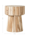 Modern side table crafted from solid teak wood with a natural finish, featuring a sculptural silhouette with a smooth, rounded top and tapered base