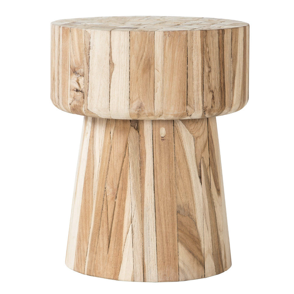 Modern side table crafted from solid teak wood with a natural finish, featuring a sculptural silhouette with a smooth, rounded top and tapered base