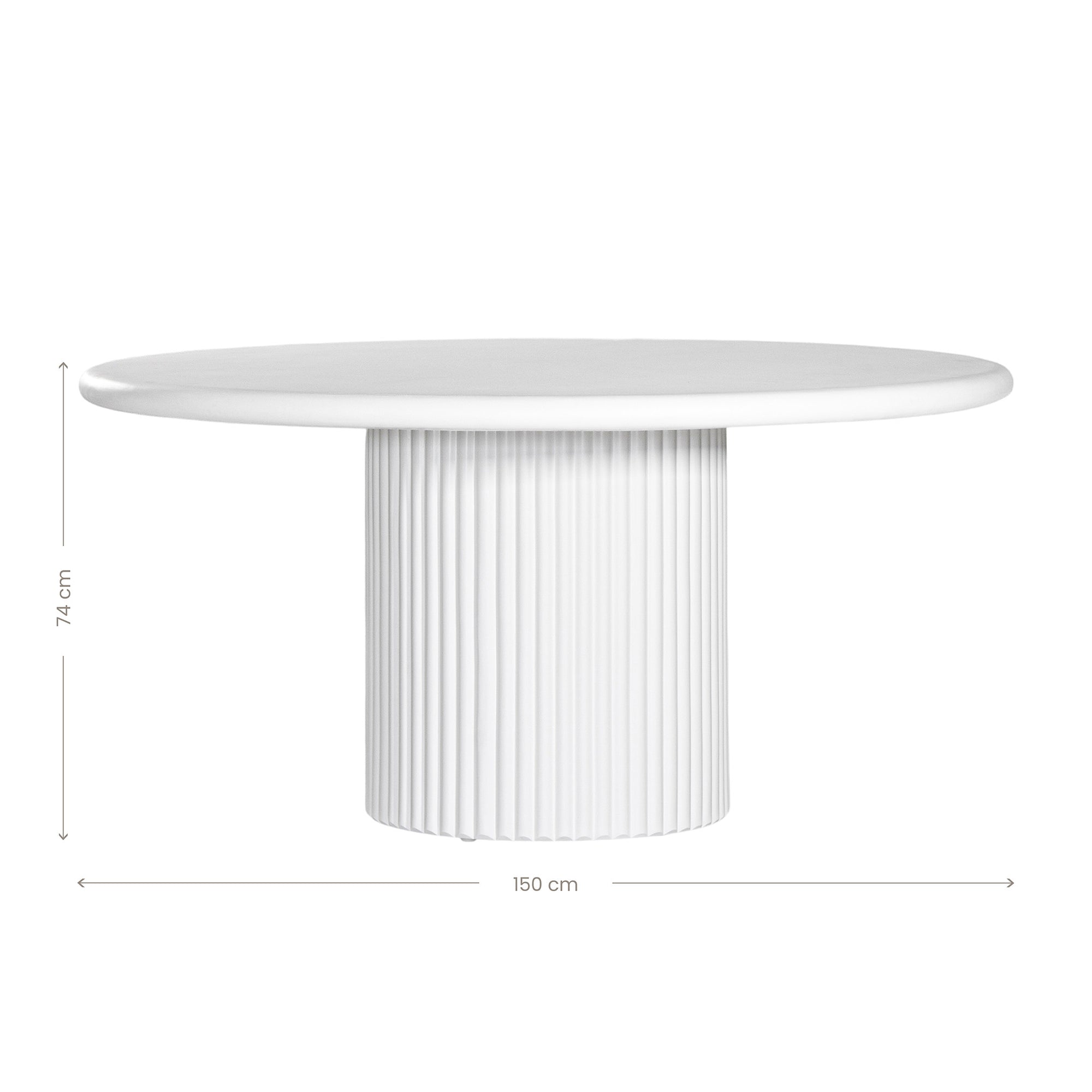 KULALA Living Modern white round dining table featuring a smooth tabletop and a fluted pedestal base. A contemporary statement piece designed to bring elegance and sophistication to any dining space.