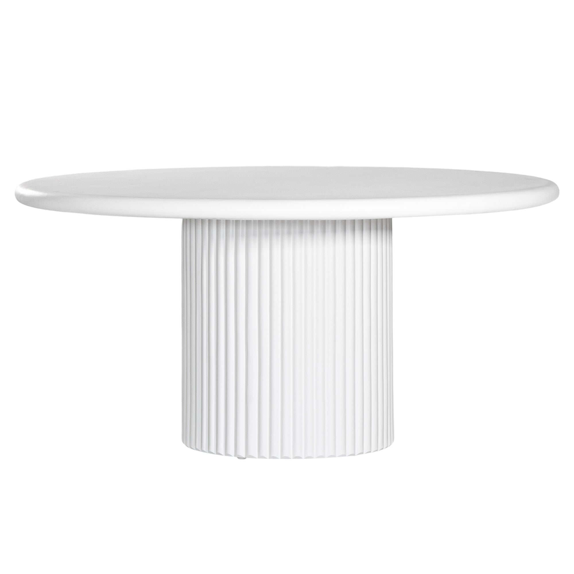 Modern white round dining table featuring a smooth tabletop and a fluted pedestal base. A contemporary statement piece designed to bring elegance and sophistication to any dining space.