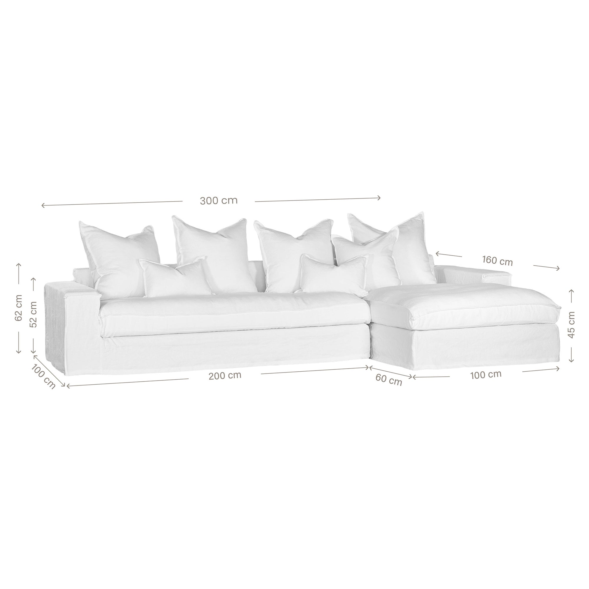 White linen slipcover sectional sofa with plush cushions. A timeless, versatile design offering relaxed elegance and everyday comfort