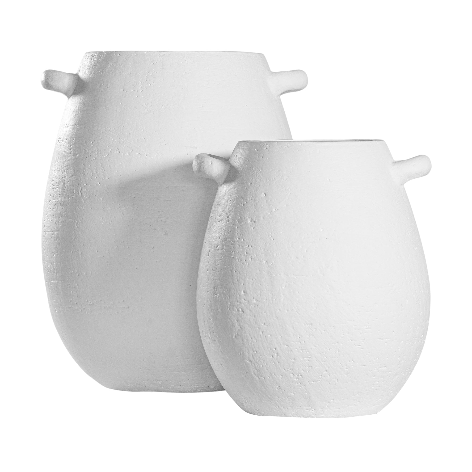 KULALA Living sculptural white ceramic vases with a textured finish and organic curved handles, perfect for modern and minimalist styling