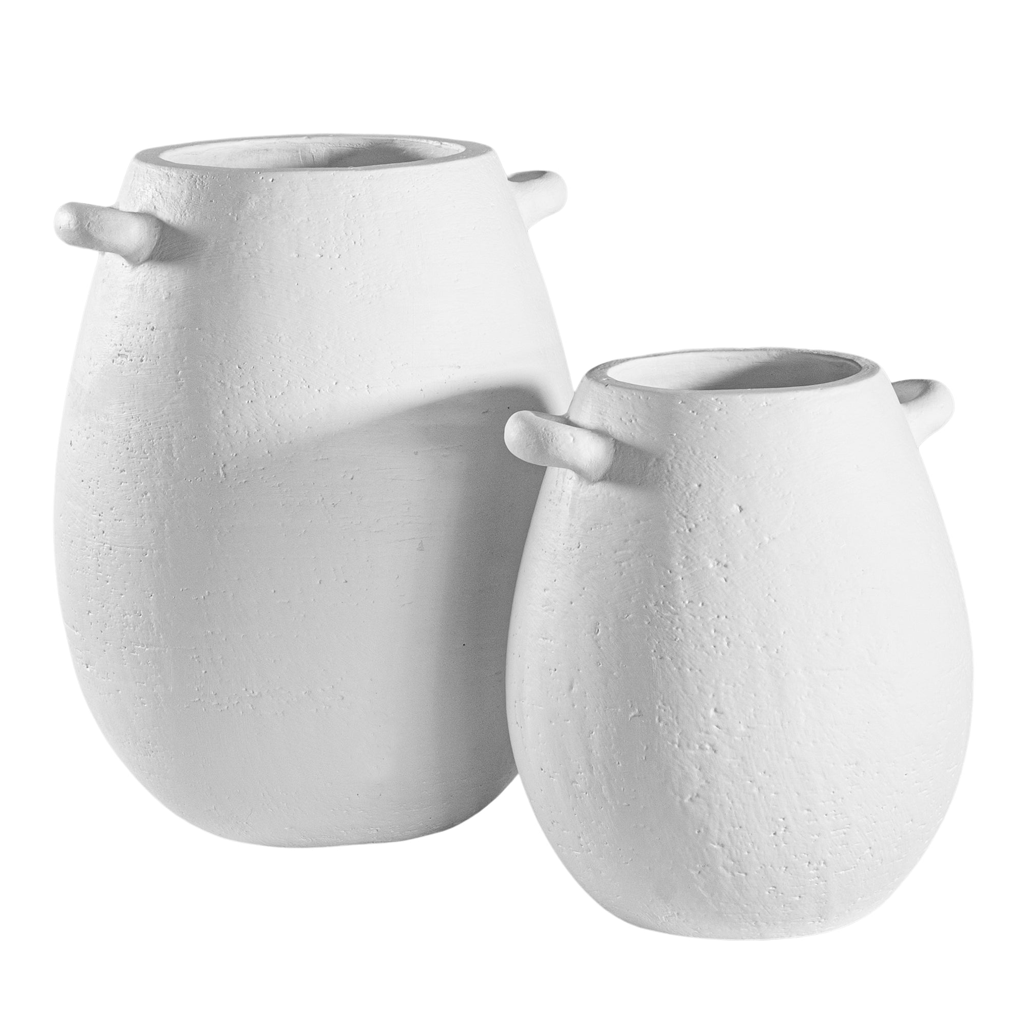 A set of two sculptural white ceramic vases with a textured finish and organic curved handles, perfect for modern and minimalist styling