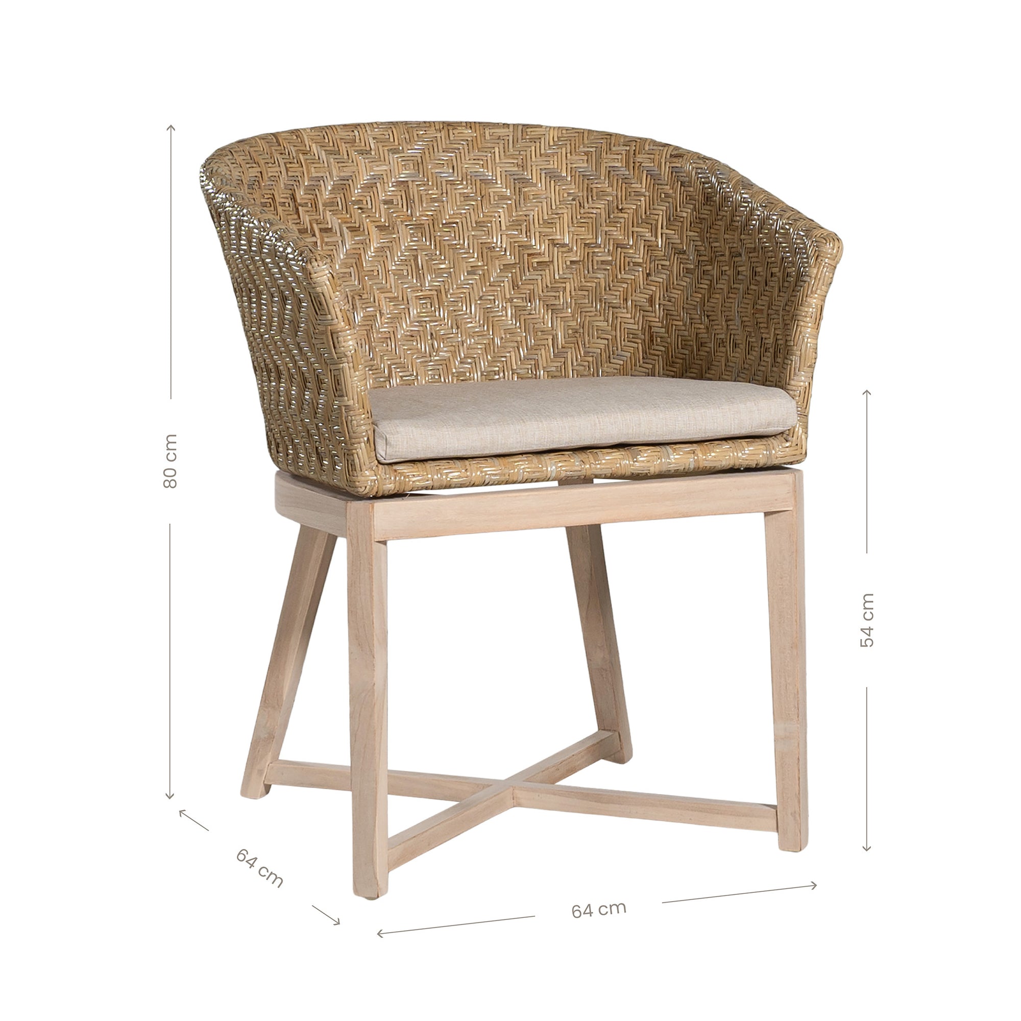 KULALA Living handwoven rattan dining chair with a curved backrest, natural wood legs, and a neutral seat cushion, blending coastal and contemporary design