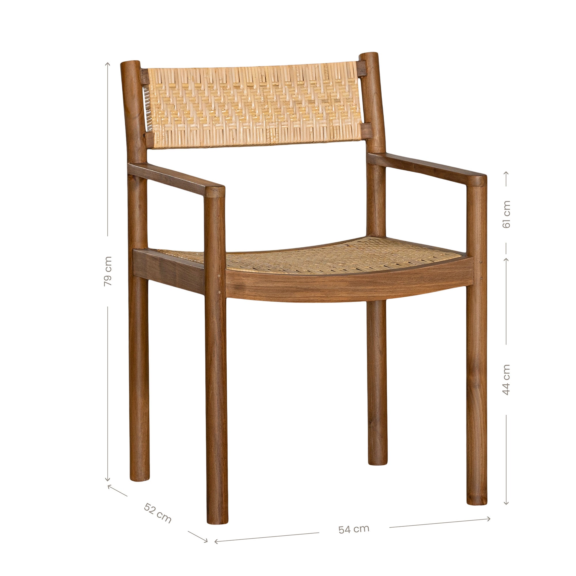 Beautifully crafted teak dining chair featuring a woven rattan seat and backrest, complemented by sleek armrests and a curved seat for enhanced comfort and style