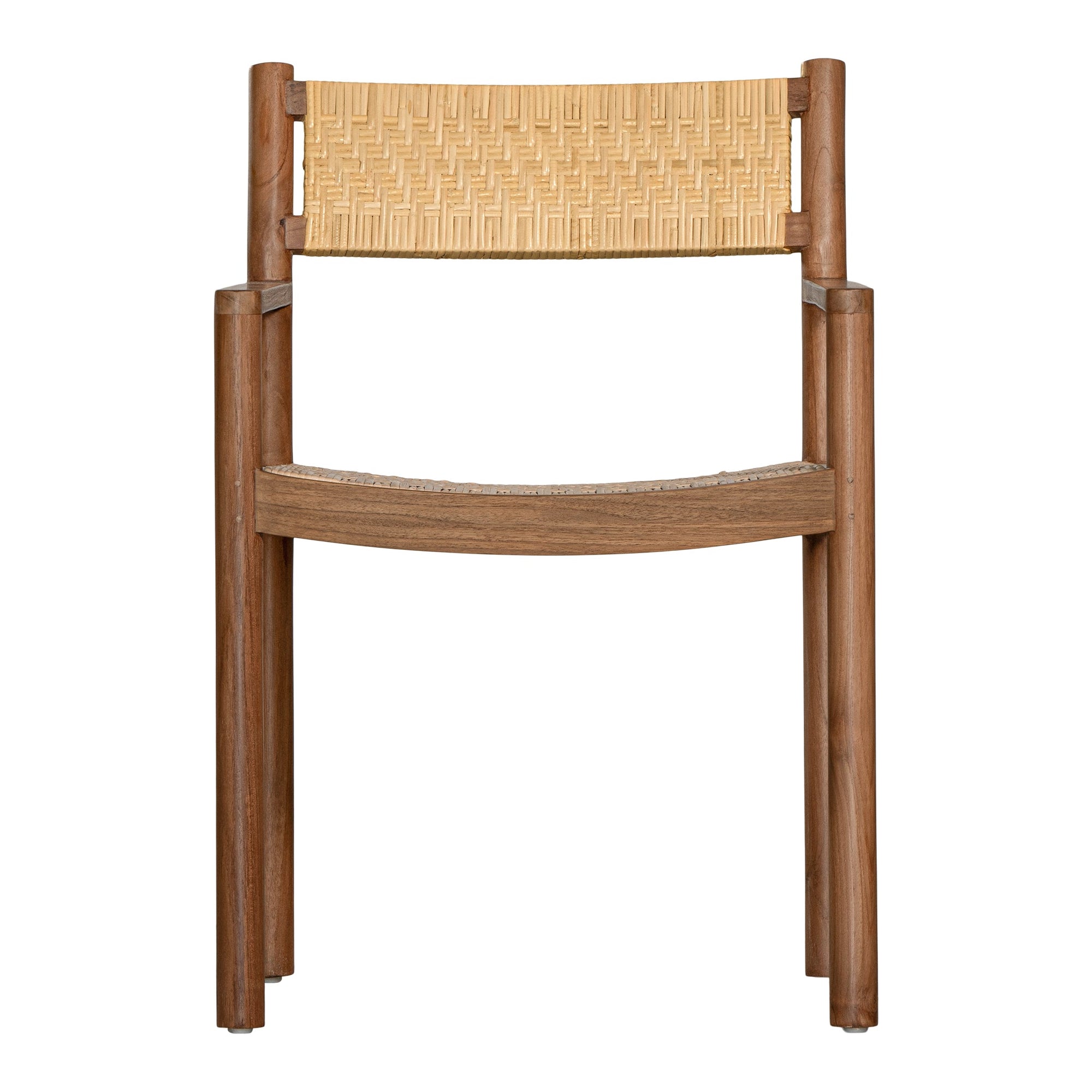 Beautifully crafted teak dining chair featuring a woven rattan seat and backrest, complemented by sleek armrests and a curved seat for enhanced comfort and style