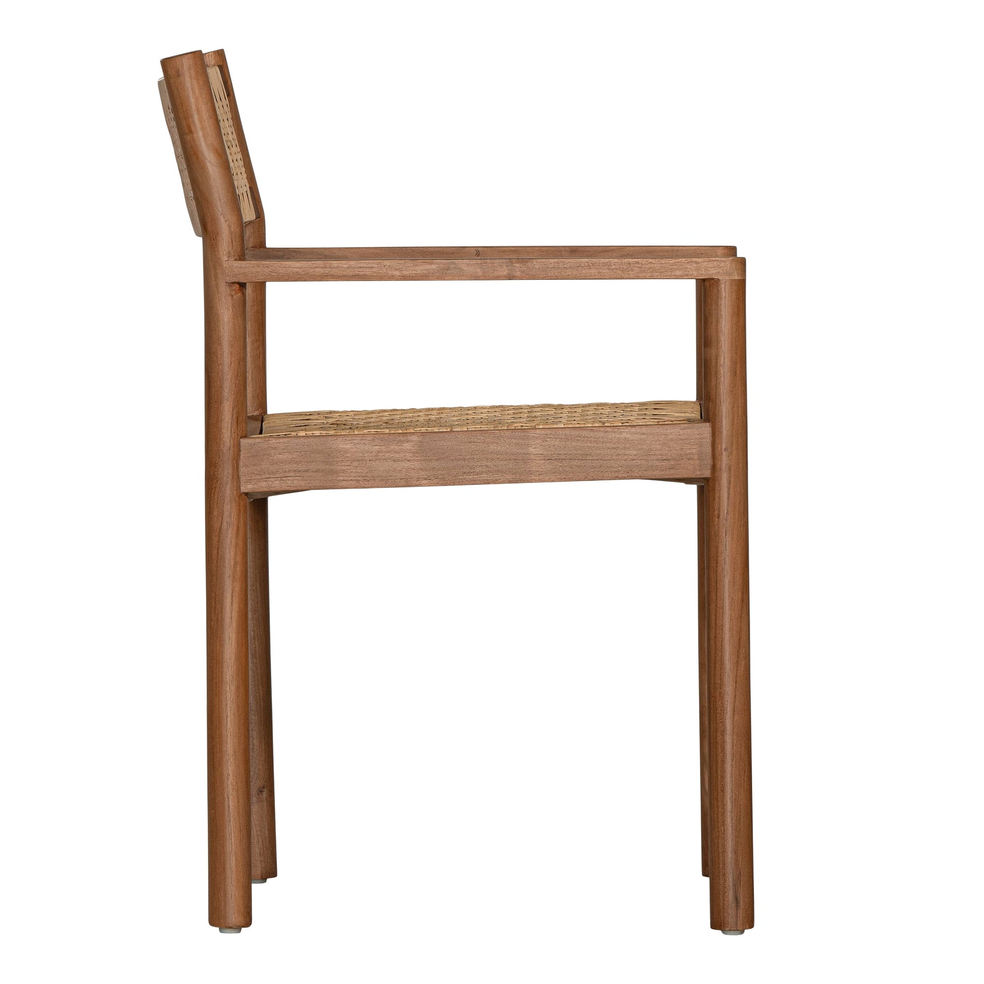 Beautifully crafted teak dining chair featuring a woven rattan seat and backrest, complemented by sleek armrests and a curved seat for enhanced comfort and style