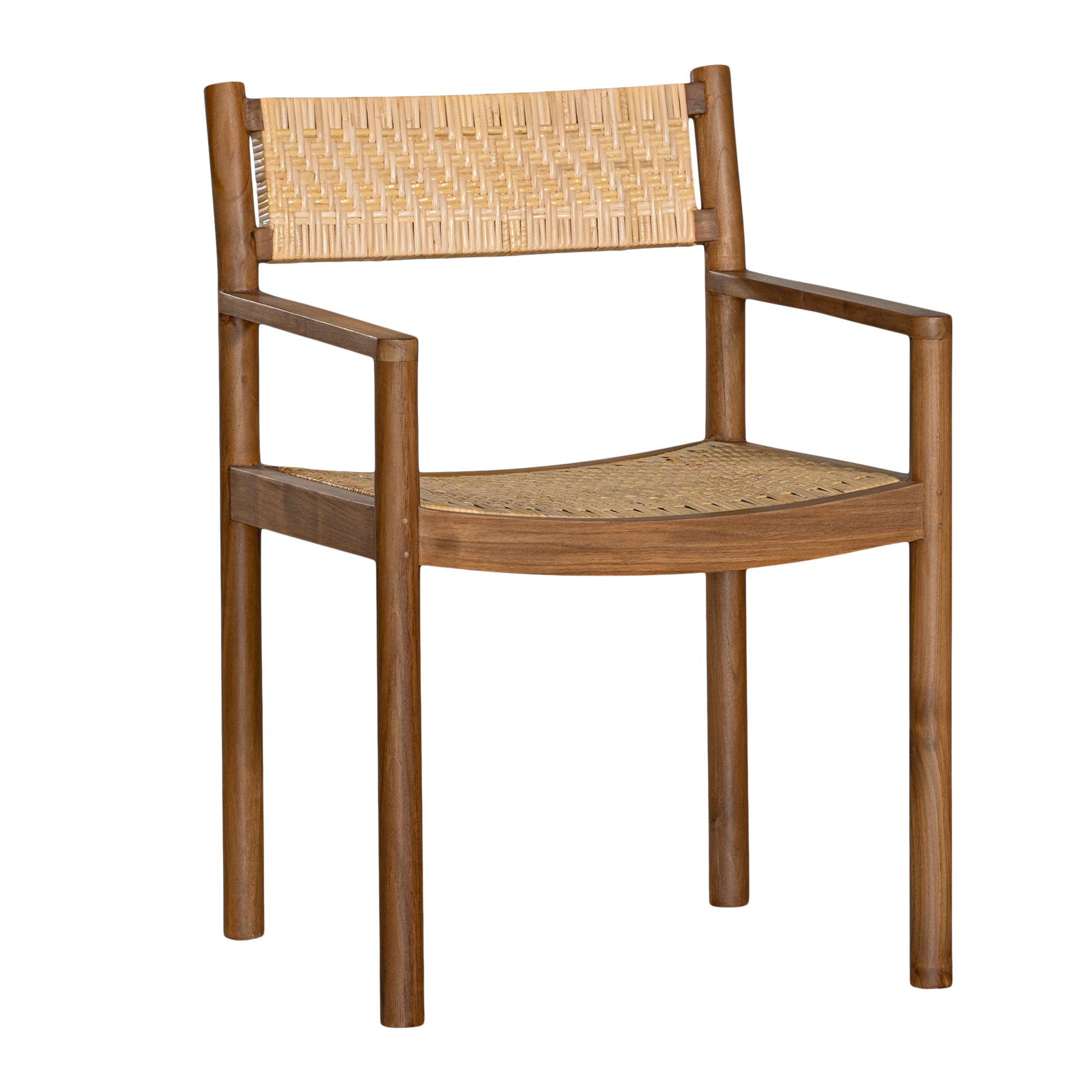 Beautifully crafted teak dining chair featuring a woven rattan seat and backrest, complemented by sleek armrests and a curved seat for enhanced comfort and style