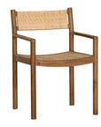 Beautifully crafted teak dining chair featuring a woven rattan seat and backrest, complemented by sleek armrests and a curved seat for enhanced comfort and style